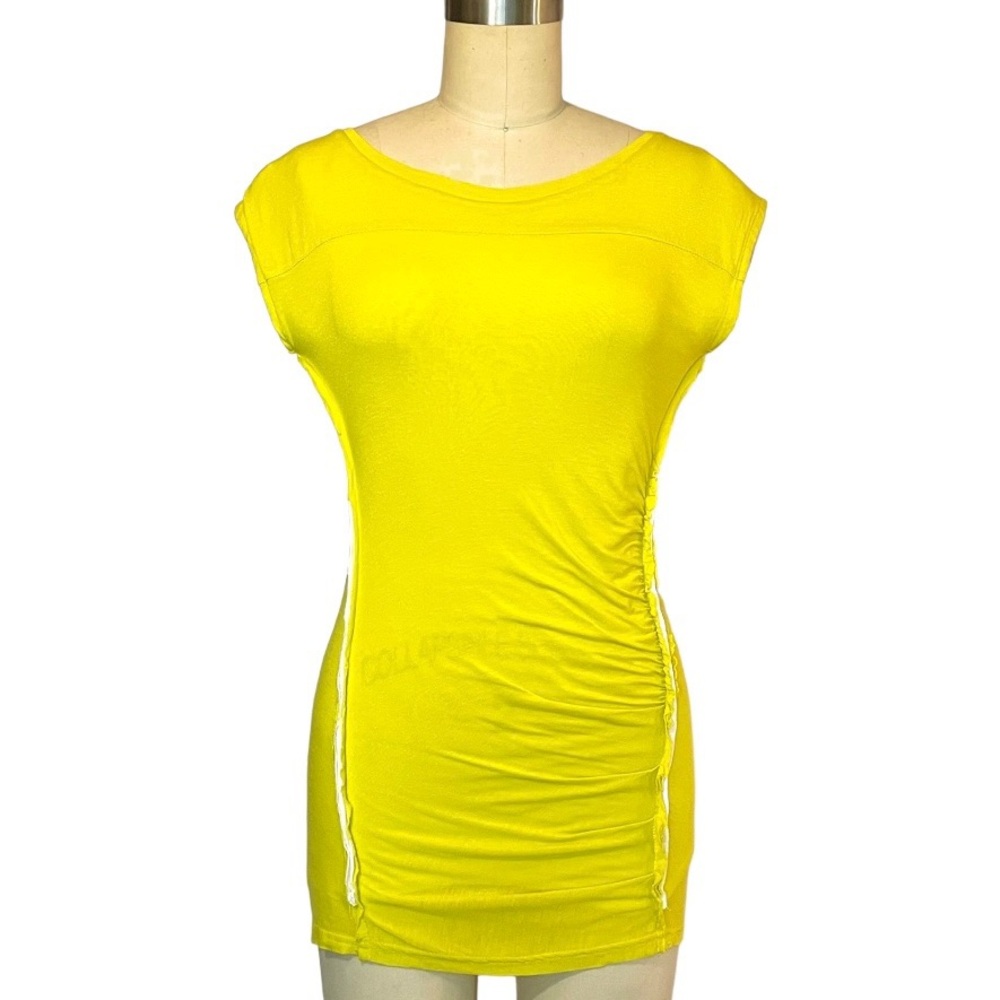 Line White & Neon Yellow Cap Sleeve Top  Raw Edges Side Gathering size XS